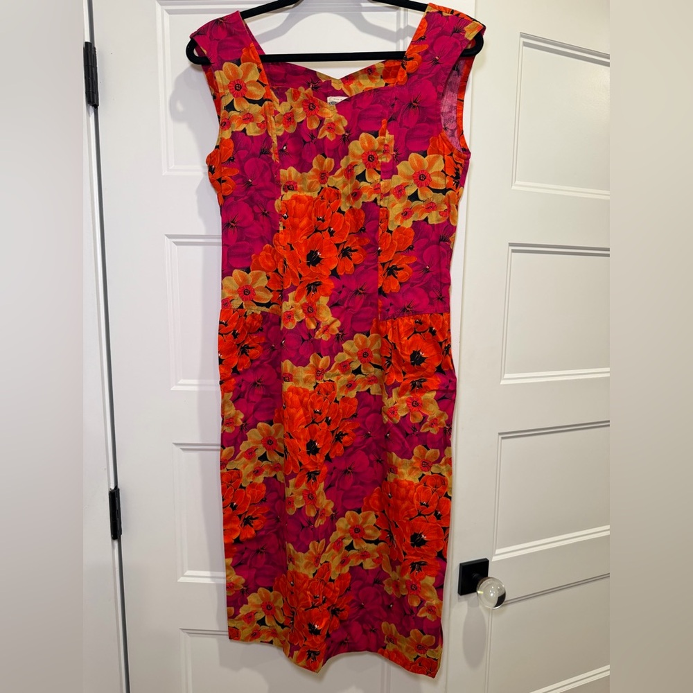 Vintage Floral Sleeveless Dress - Pink and Orange